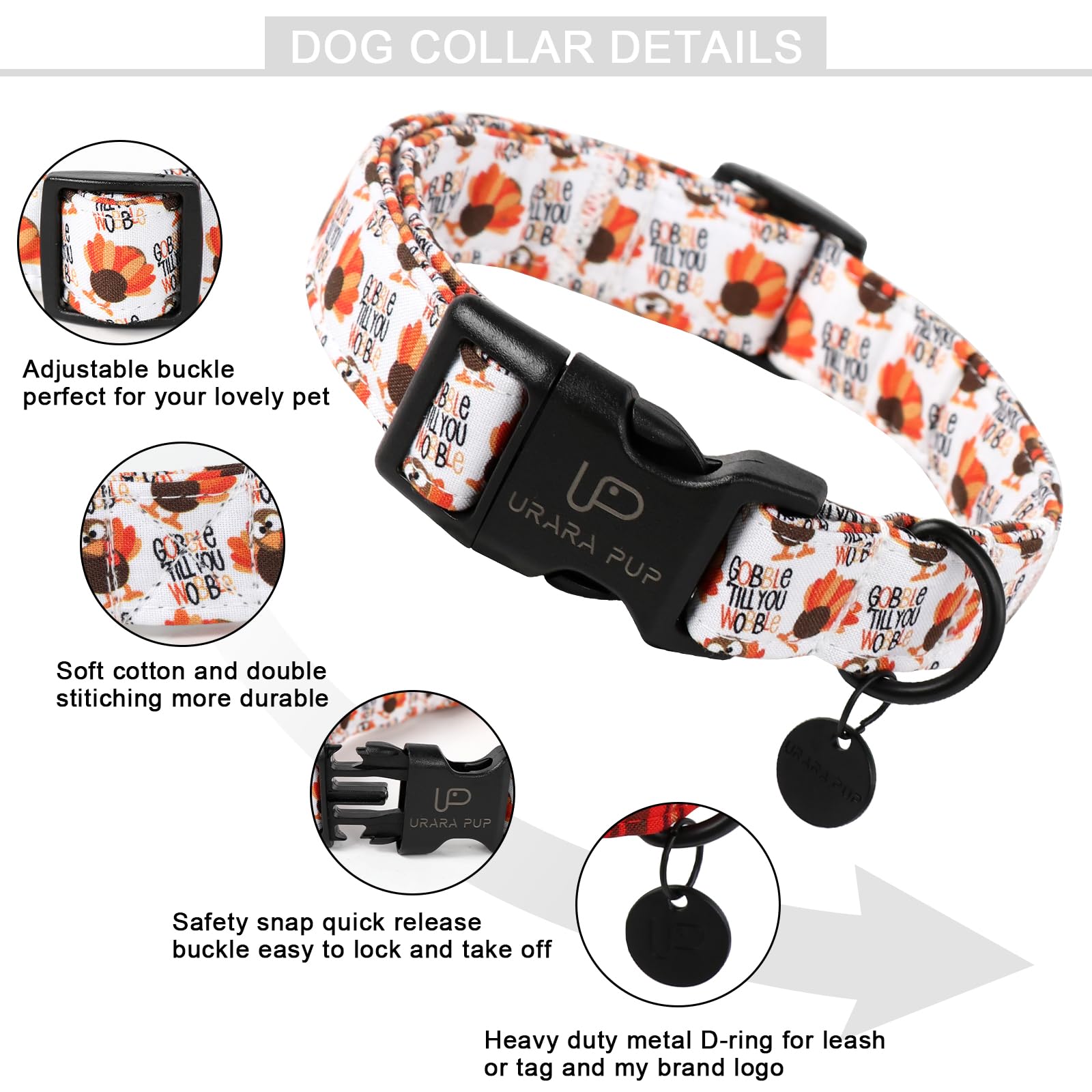 Up Urara Pup Thanksgiving Dog Collar - Turkey Cotton For Dog Or Cat, Autumn Puppy With Lightweight Plastic Buckle - Great Gift F